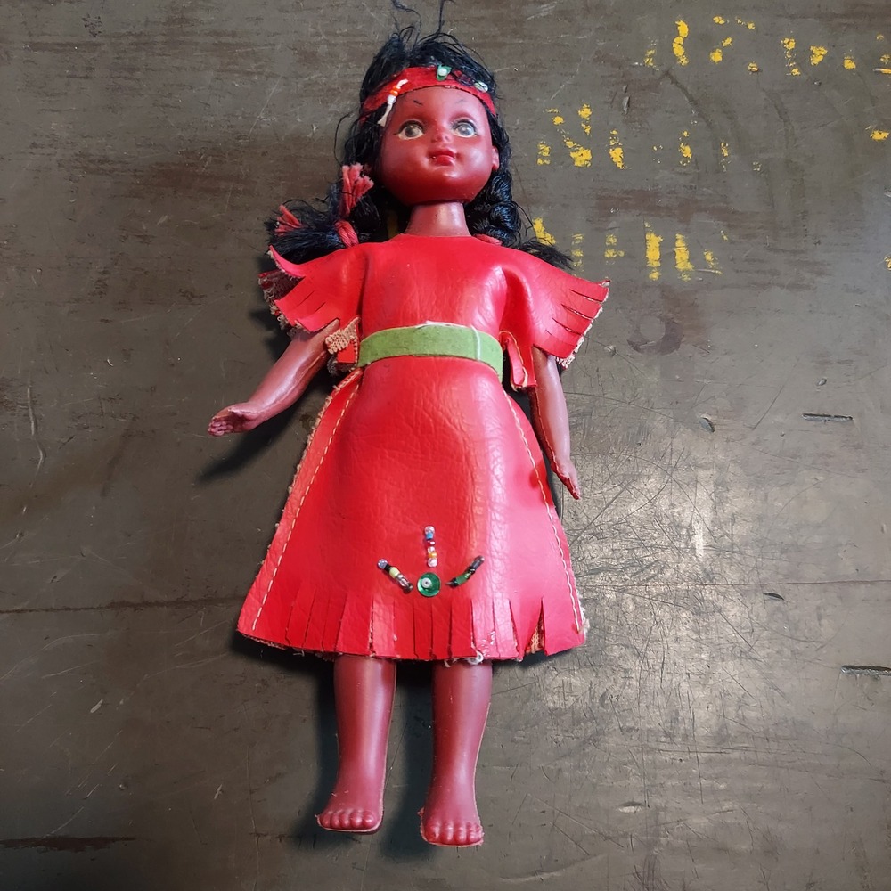 Vintage 8 inch Red Vinyl Souvenir Doll Hong Kong Native Girl Fringed Dress 60s